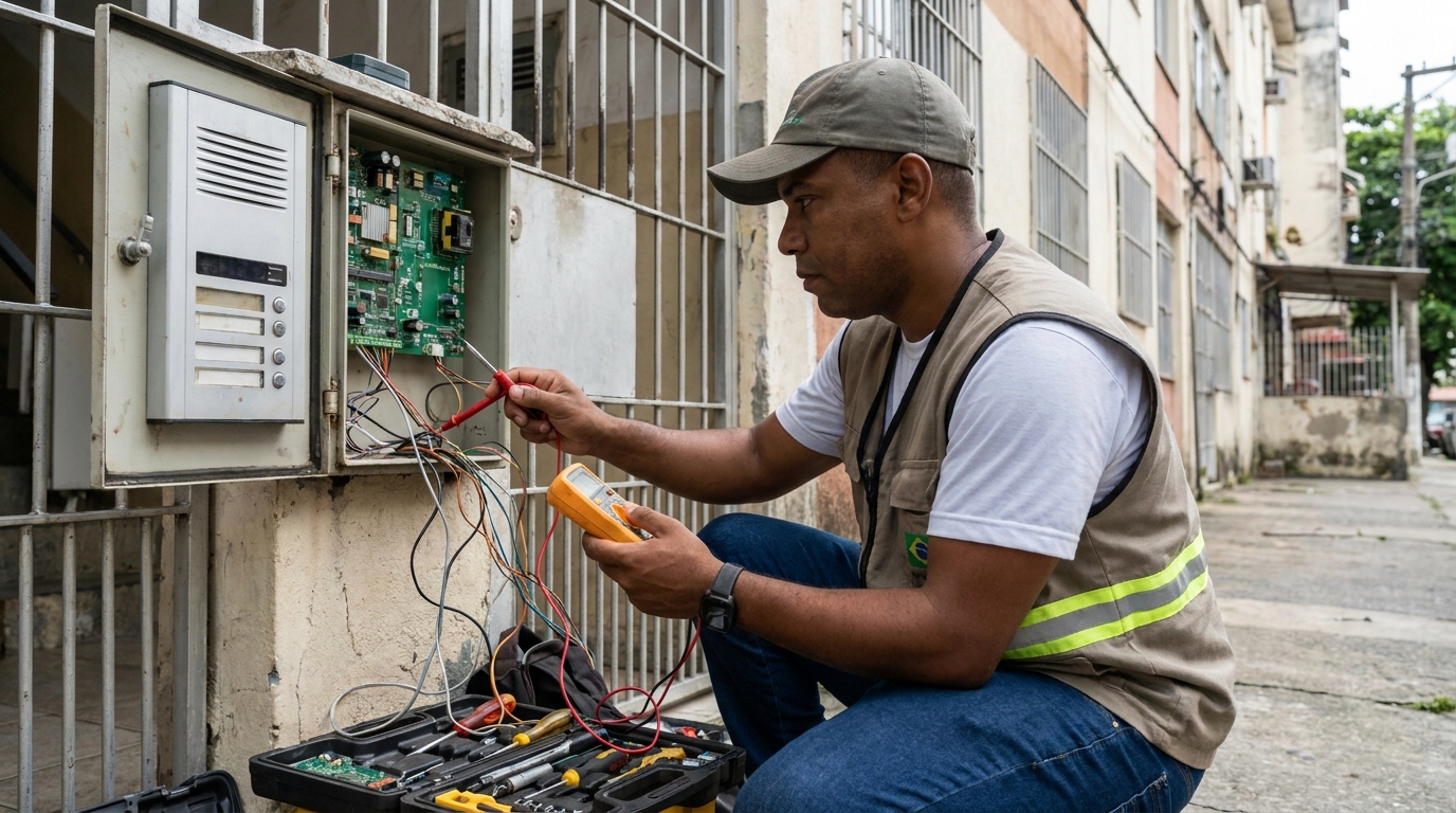 Eletricista consertando interfone em Criciúma‑SC
