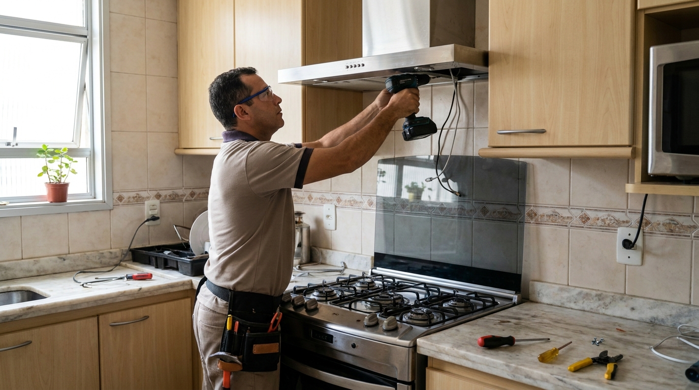 Eletricista instalando coifa em Criciúma‑SC