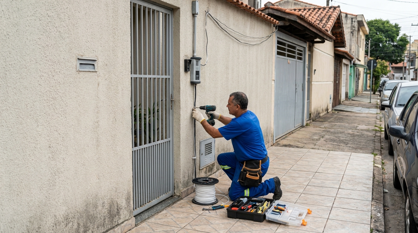 Eletricista instalando interfone em Criciúma‑SC