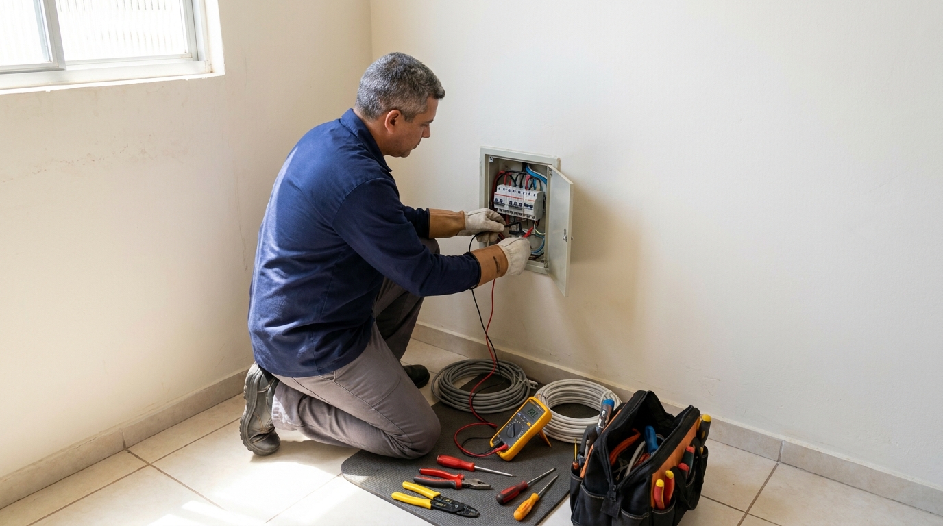Eletricista realizando manutencao em Criciúma‑SC